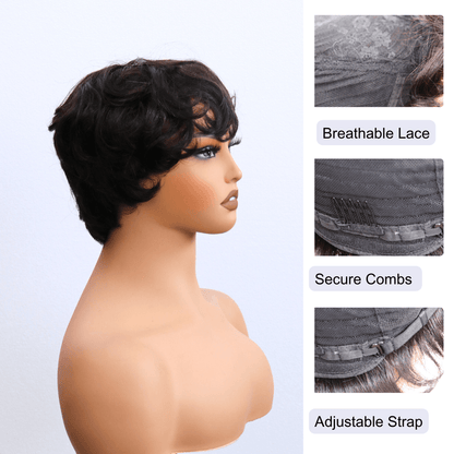 #128 Pixie Bob Curly Black Human Hair Wig 4 Inches