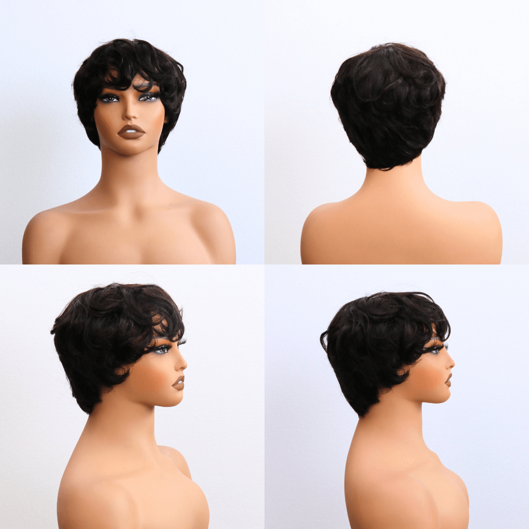 #128 Pixie Bob Curly Black Human Hair Wig 4 Inches