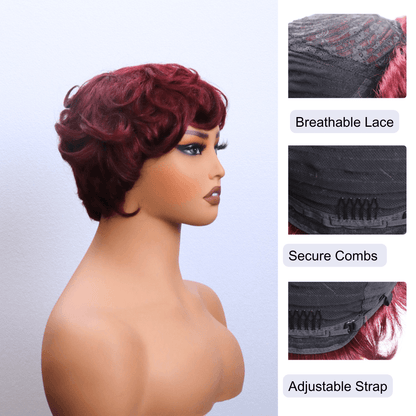 #129 Pixie Bob Curly Burgundy Human Hair Wig 4 Inches