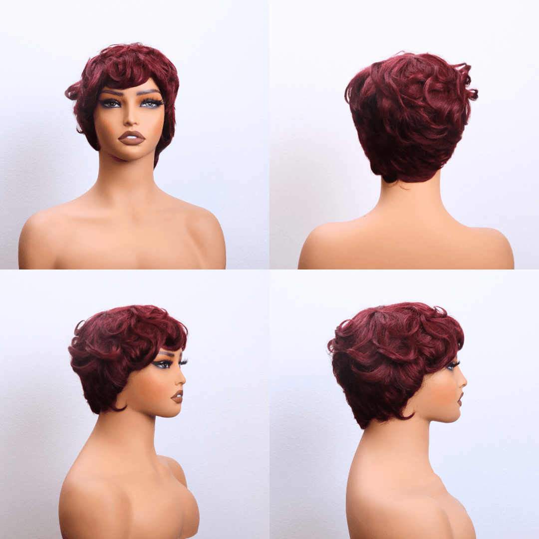 #129 Pixie Bob Curly Burgundy Human Hair Wig 4 Inches