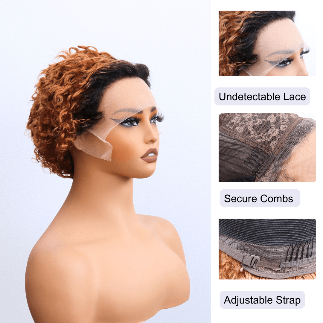 #136 Pixie Kinky Curly Bob Ombre Black Brown Human Hair Wig 7 Inches