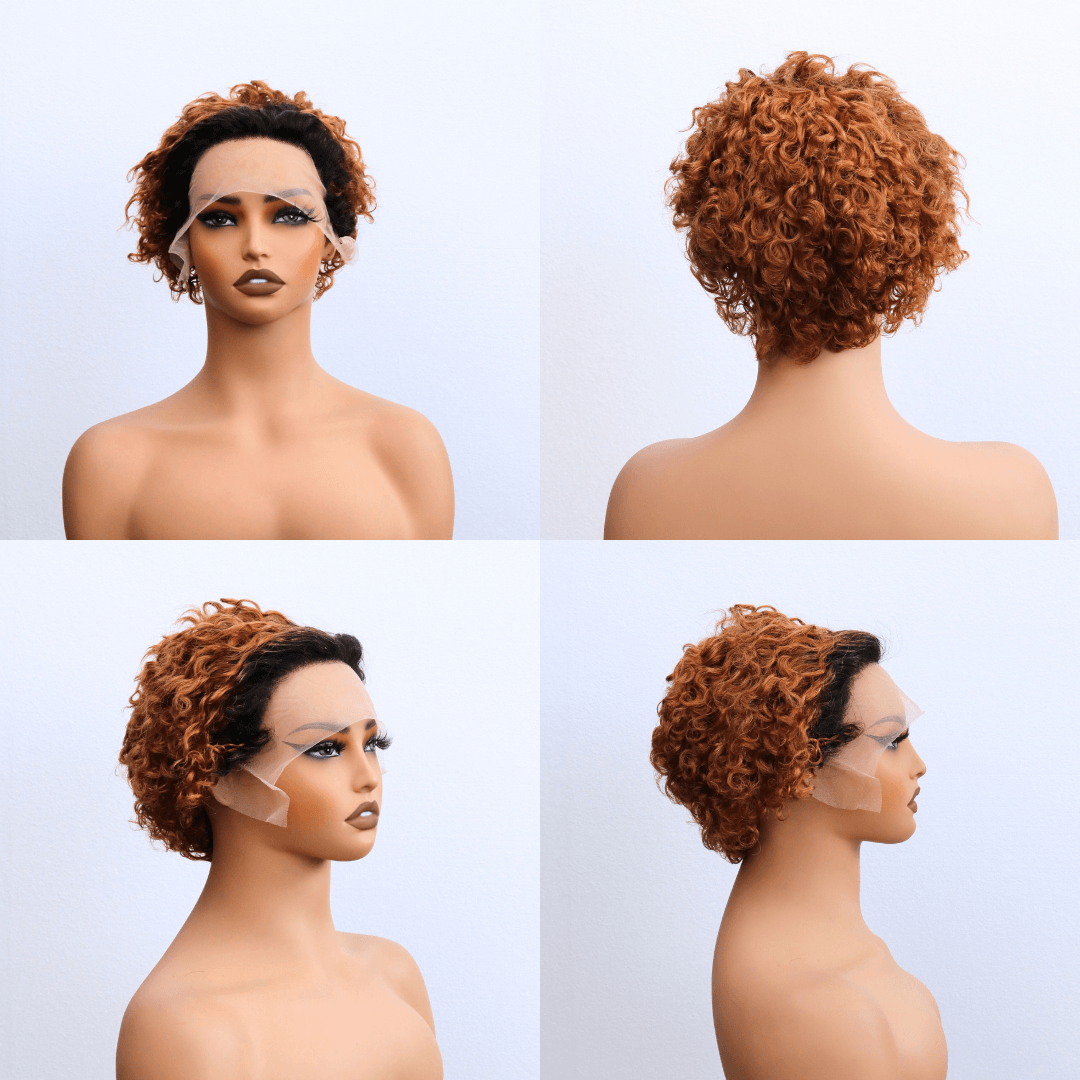 #136 Pixie Kinky Curly Bob Ombre Black Brown Human Hair Wig 7 Inches