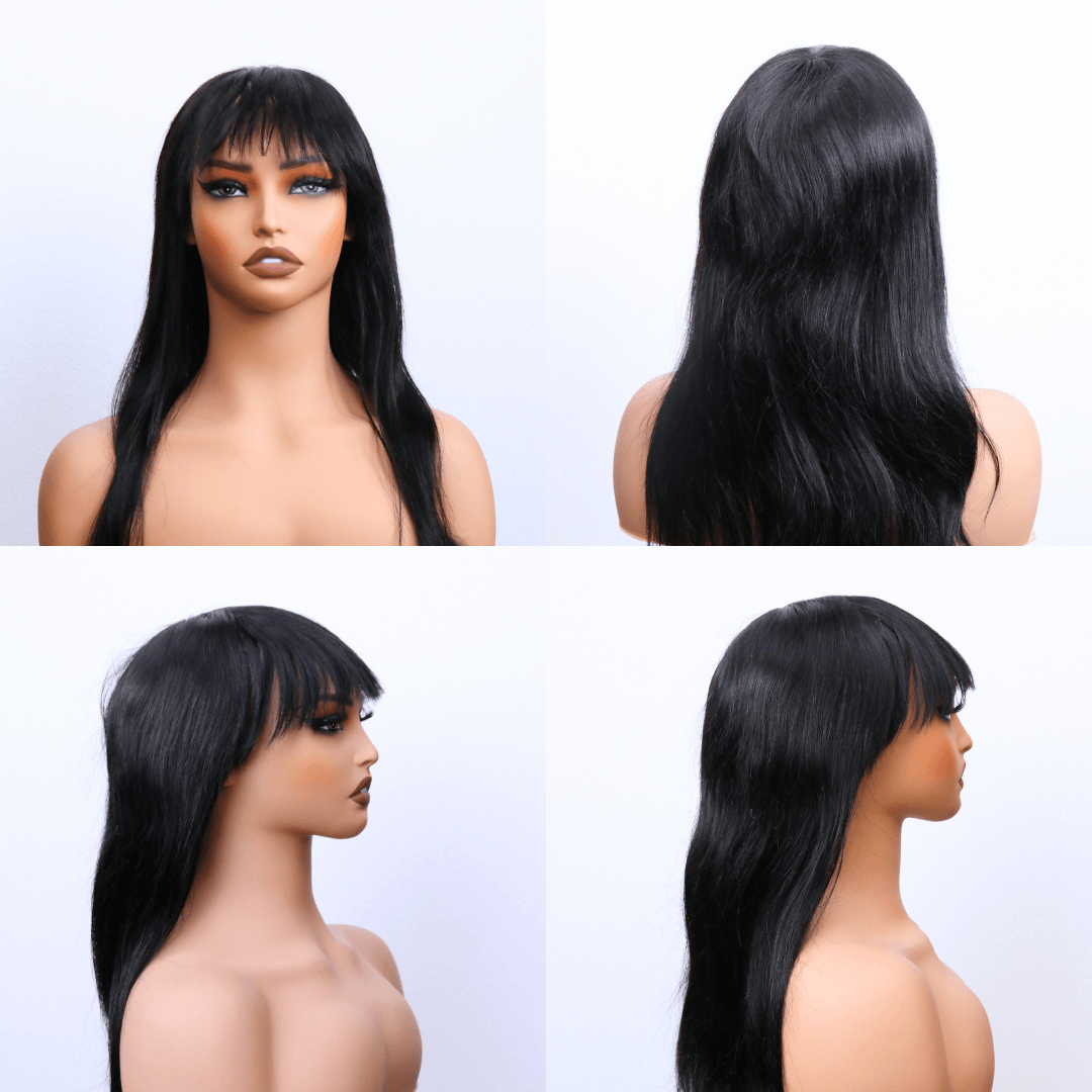 #144 Bangs Straight Black Human Hair Wig 16 Inches